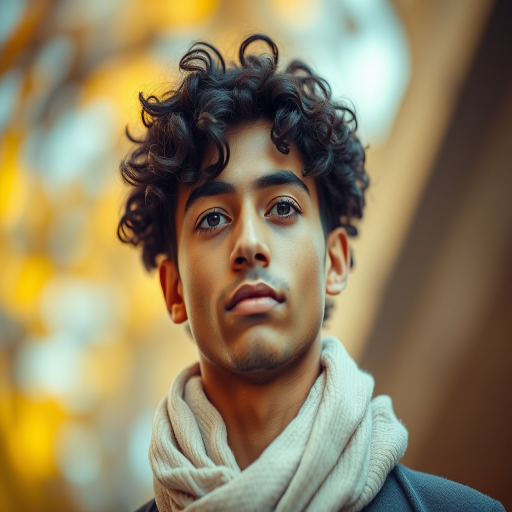 portrait of a young man with curly hair wearing a light scarf, soft focus background with warm tones, low angle view, 50mm lens, f/1.8 aperture, ISO 100, soft lighting, portrait photography style, digital camera