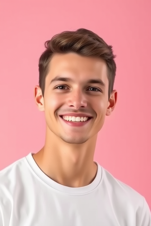 portrait of a smiling young man in a plain white t-shirt against a soft pink background, 50mm lens, f/1.8 aperture, ISO 100, 1/200s shutter speed, soft lighting, studio setup, DSLR camera