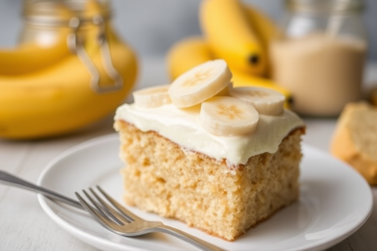 A slice of banana cake with creamy frosting topped with banana slices served on a white plate with a fork beside it, with a blurred background of bananas and a jar.
