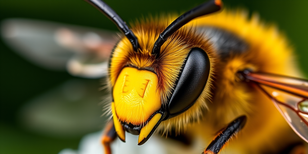 Create a detailed close-up of a stylized bee with bold yellow and black stripes and white wings, focus on sharpness and texture, using a macro lens with an aperture of f/2.8, ISO 100, 1/200 sec exposure, in natural light, captured with a DSLR camera.