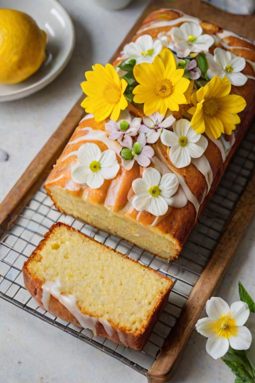 Create a vibrant and inviting image of a lemon loaf cake on a cooling rack. The cake should be topped with a generous layer of whipped cream, adorned with fresh lemon slices, almond slivers, and edible flowers. Surround the cake with scattered lemon slices, a small bowl of lemon curd, and a few bright yellow flowers for a cheerful presentation. Use soft, natural lighting to enhance the freshness of the ingredients.