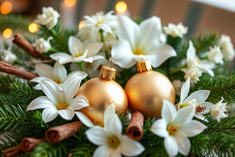 Create an elegant holiday arrangement featuring two gold ornaments nestled among white flowers and greenery. Include elements like cinnamon sticks and pine needles to enhance the festive theme. Use soft, warm lighting to create a cozy atmosphere.