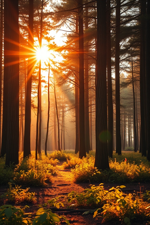 Generate an image of a serene forest landscape during golden hour with soft sunlight filtering through the trees, using a Canon EOS 5D Mark IV, 50mm lens, f/1.8 aperture, ISO 100, and a wide-angle view for depth and clarity.