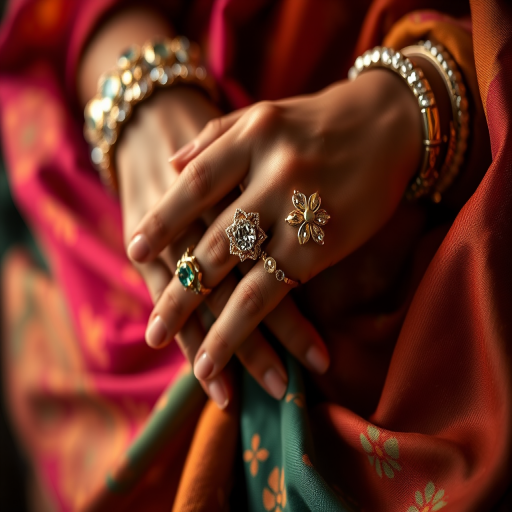 Capture an intimate close-up of hands adorned with jewelry, softly draped in colorful fabric, in a warm, ambient light with a shallow depth of field, using a DSLR camera with a 50mm lens at f/1.8, ISO 200, and a shutter speed of 1/100s for enhanced focus and clarity.