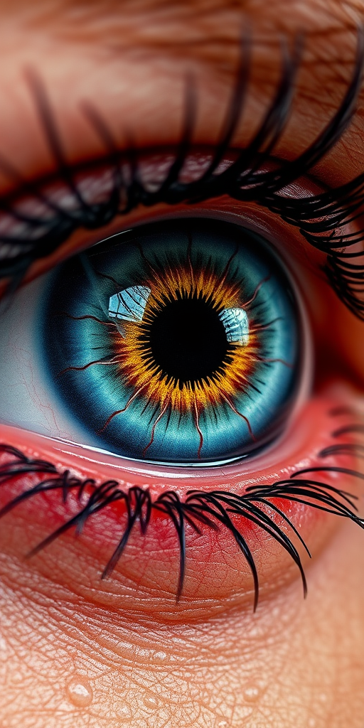 Hyper-realistic color portrait tattoo titled "Windows to the Soul" showcasing an incredibly detailed human eye with surrounding skin texture so lifelike it appears three-dimensional tiny blood vessels and complex iris patterns are meticulously recreated using cutting-edge micro-realism techniques creating an uncanny lifelike gaze