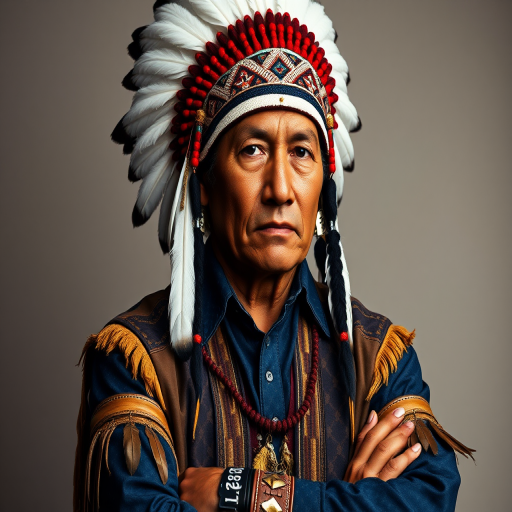 Create a dignified portrait of a Native American man dressed in traditional attire. He wears a beautifully crafted headdress adorned with white feathers and red beads, along with a beaded headband featuring intricate patterns. His clothing includes a deep blue, patterned shirt and a traditional chest piece with detailed beadwork. His arms are crossed, displaying leather armbands decorated with feathers. The background is simple and neutral, emphasizing his proud and stoic expression. The overall image captures the rich cultural heritage and strength of his persona.
