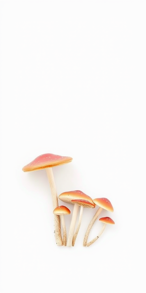 Create a minimalist illustration of red and white mushrooms in the bottom left corner of a blank white square, using a Canon EOS R5 camera with a 50mm lens, aperture set to f/2.8, ISO 100, and a soft, diffused lighting style for enhanced image quality.