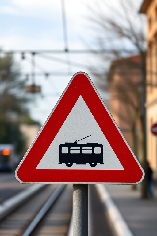 Generate a high-resolution image of a tram warning sign, triangle shape with a red border and a black tram silhouette in the center, captured with a DSLR camera at f/8, ISO 100, 50mm lens, natural light, shot from eye level.
