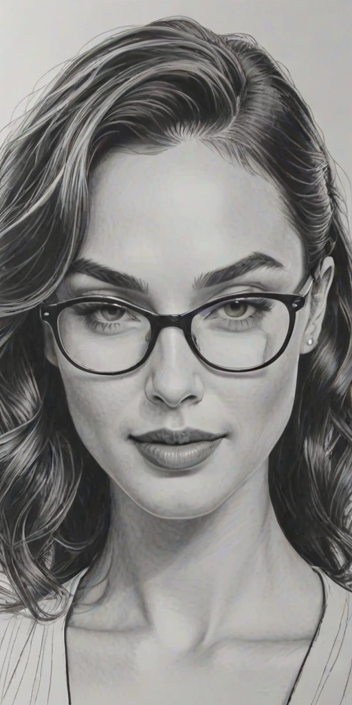 Splendid Gal Gadot, pencil sketch, portrait of Enchanting woman 1954s in glasses, hair style beatnik, outline, clear lines, fine lines, 8k
