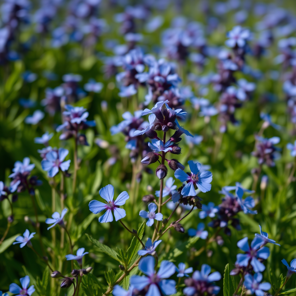 A vibrant field of blue flowers with lush green foliage, captured with a Canon EOS R5 camera at f/2.8, ISO 100, 50mm lens, natural soft lighting, with a shallow depth of field to enhance the details of the blossoms and leaves.