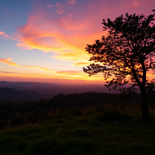 Create a high-resolution image of a peaceful landscape at sunset with vibrant colors, using a Canon EOS R5, 24mm lens, aperture f/8, shutter speed 1/125s, ISO 100, in landscape orientation, with a focus on foreground details and soft background bokeh.
