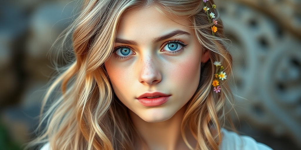 Create an image of a young Afghan woman with long, wavy blonde hair, adorned with small, colorful flowers woven into her braids and loose strands. Her complexion is fair, with soft, glowing skin, and she has light blue eyes that gaze softly at the viewer. She wears a light, flowing dress with a gentle, ethereal quality, complementing her delicate and serene appearance. The background is slightly blurred, drawing focus to her tranquil expression and the intricate details of the flowers in her hair. The overall mood of the image is one of natural beauty and grace, evoking a sense of peacefulness and connection with nature.