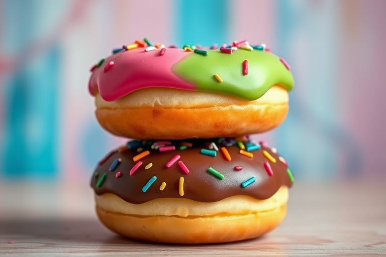 Create a vibrant illustration of three donuts stacked, featuring pink, green, and brown frosted donuts with colorful sprinkles, using a high-resolution digital art style, captured with a 50mm lens at f/2.8 for a shallow depth of field and soft background blur, in warm lighting for enhanced color vibrancy.