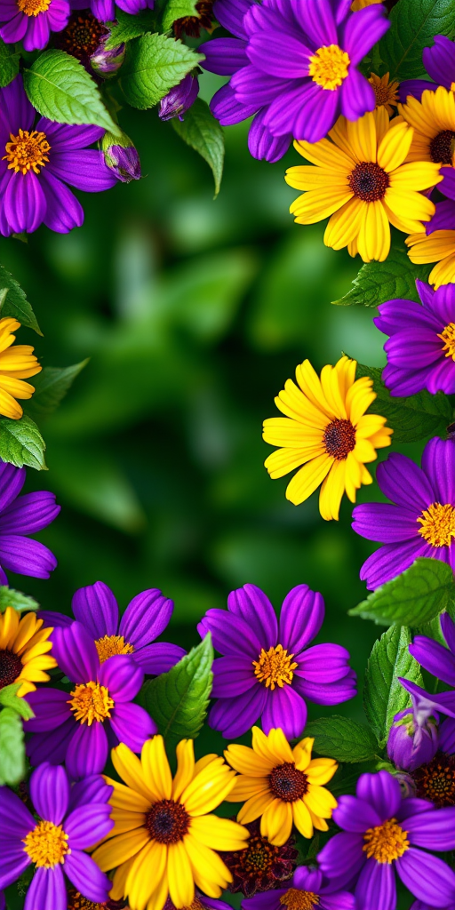 Create a vibrant floral frame featuring purple and yellow flowers with green leaves, high-resolution, f/2.8 aperture, 50mm lens, macro view, digital camera, soft natural lighting.