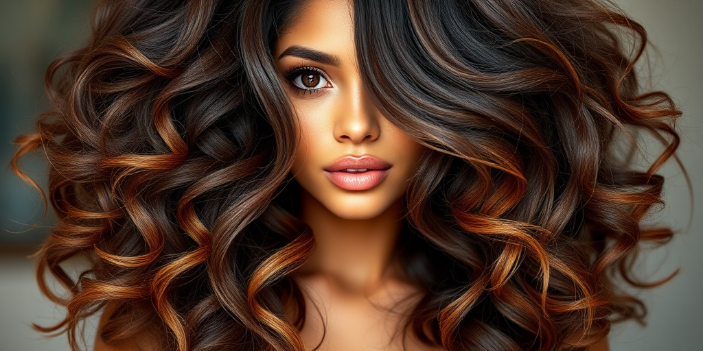 Stunning model with a luxurious chocolate brown mane styled in voluminous, bouncy curls, featuring subtle caramel ombré and long, wispy layers