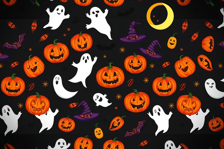 Create a seamless Halloween-themed pattern featuring ghosts, pumpkins, bats, moons, and witch hats against a dark background; capture with a Canon EOS R5, 50mm f/1.8 lens, f/8 aperture, ISO 100, and a slight vignette to enhance depth.