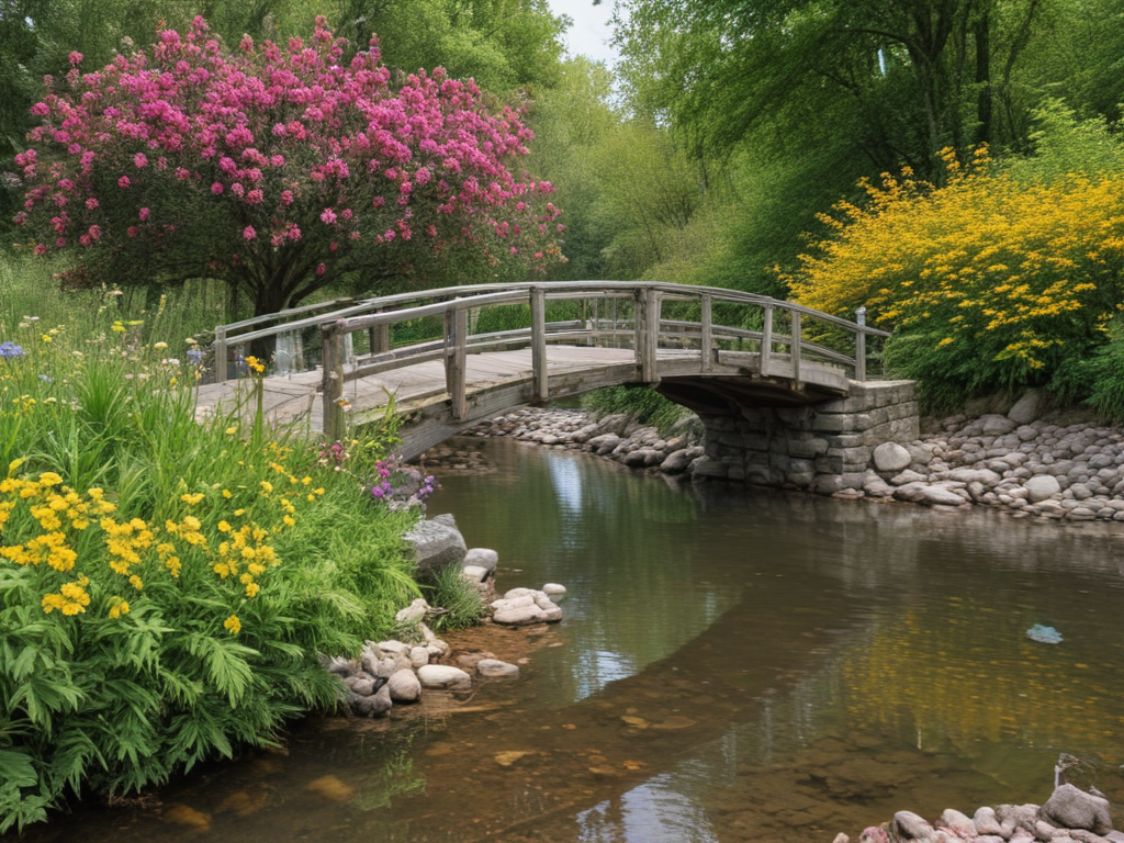 wodden bridge over a river and next to it colorful flowers and trees