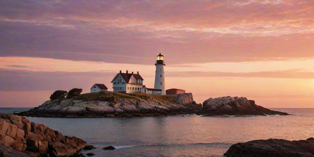 Generate an image of a tall lighthouse perched on a rocky outcrop surrounded by calm ocean waters during a breathtaking sunset. The lighthouse stands sturdy and weathered, its stone surface illuminated by the warm golden light of the setting sun. The sun's rays pass directly through the glass lantern room at the top of the lighthouse, casting a brilliant light across the scene. The sky is painted with vibrant shades of orange, pink, and purple, reflecting off the tranquil sea. The surrounding water shimmers with the same warm hues, creating a serene and majestic atmosphere.