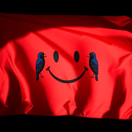 Create an image of a flag with a stylized smiling face design, featuring two birds on either side, with dramatic lighting and shadows to create depth, using a DSLR camera with a 50mm lens at f/1.8, ISO 100, and a shutter speed of 1/200 sec, in a vibrant color palette.