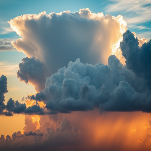 capture a dramatic sky filled with towering clouds illuminated by sunset light with details in each cloud formation, using a DSLR camera with a 24mm lens, f/8 aperture, ISO 100, and a golden hour setting for enhanced color vibrancy and soft shadows