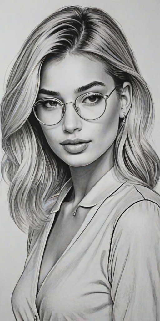 Dazzling Hailey Baldwin, pencil sketch, portrait of Enchanting woman 1974s in glasses, hair style beatnik, outline, clear lines, fine lines, 8k
