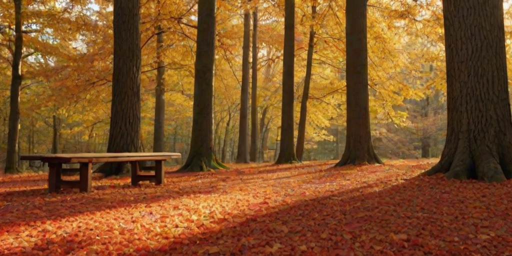 High-resolution image of an autumn forest, leaves in shades of orange, red, and gold carpeting the ground, soft sunlight filtering through the trees, a wooden bench nestled under a large oak, a slight breeze sending leaves tumbling through the air, the smell of pine and earth lingering.
