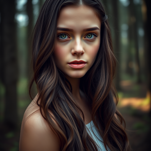 A close-up portrait of a young woman with long, wavy, dark hair and striking green eyes set against a mystical forest background, captured with a Canon EOS R5, 50mm f/1.2 lens, natural light, shallow depth of field, soft focus style.