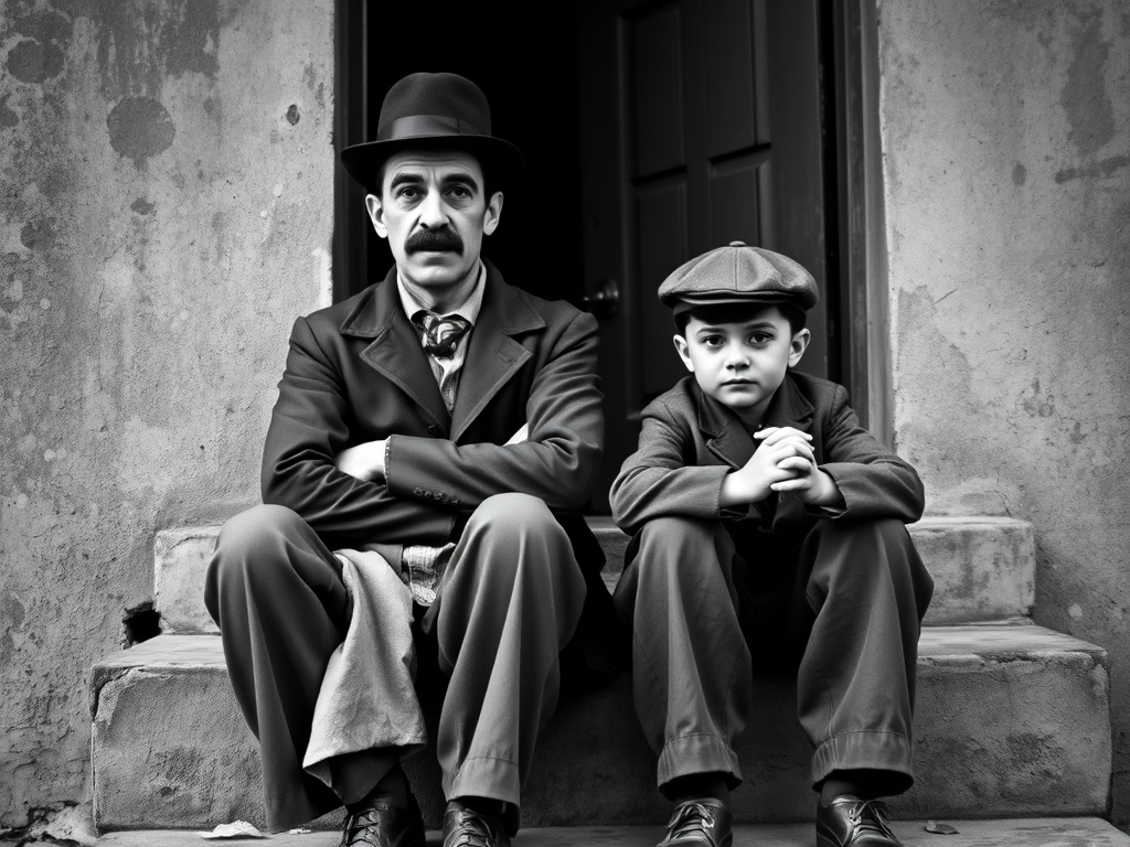 A black-and-white photograph of a man and a child sitting on steps in front of a doorway. The man is dressed as a tramp with a bowler hat, mustache, and ragged clothes, reminiscent of Charlie Chaplin's iconic look. He is sitting with his arms crossed and an expression of slight sadness or frustration. Next to him is a young boy, also in worn clothes and a cap, sitting with his hands clasped, looking thoughtful. The background is an old, textured wall and a partially open door, creating a vintage, early 20th-century atmosphere.