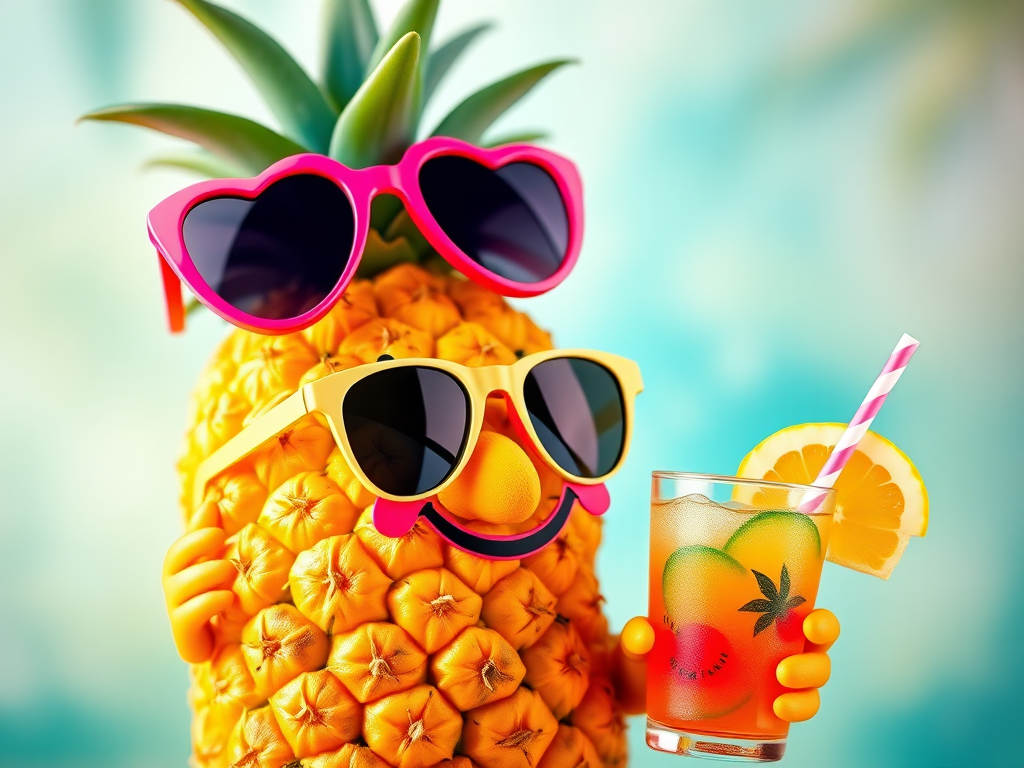 A vibrant cartoon pineapple character wearing heart-shaped sunglasses and holding a tropical drink, captured with a Canon EOS R5 at f/2.8, 50mm lens, ISO 100, 1/200s, in a bright, colorful style with a soft-focus background.