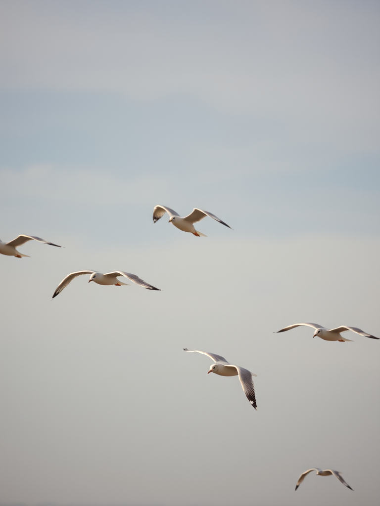 Capture a dynamic scene of seagulls in flight against a soft gradient sky, using a Canon EOS R5, 85mm lens, f/2.8 aperture, ISO 100, shooting at a high shutter speed of 1/1000s for clarity and detail, in vibrant color with minimal post-processing.