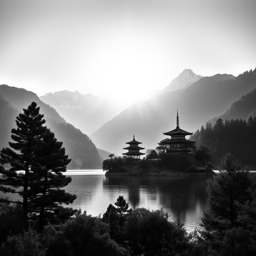 Create a high-resolution black and white landscape image of a serene mountain scenery with a traditional pagoda on an island, surrounded by pine trees and a still lake, with a bright sun in the background, using a DSLR camera, f/8 aperture, 24mm lens, ISO 100, and soft focus for a dreamy effect.
