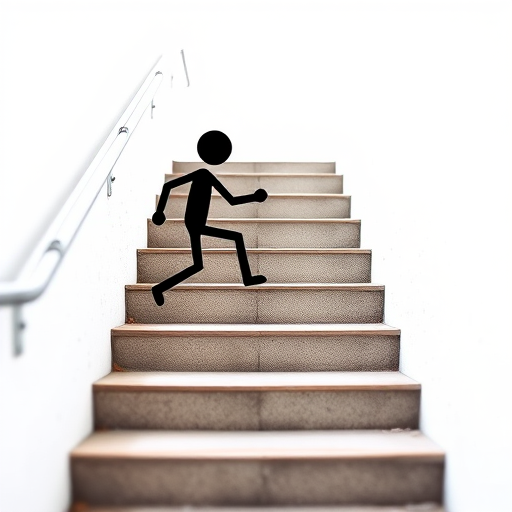 Generate an image of a stick figure slipping on stairs, using a DSLR camera with a 50mm lens, f/2.8 aperture, ISO 100, and a shallow depth of field for clarity and focus on the figure, in high-resolution photography style.