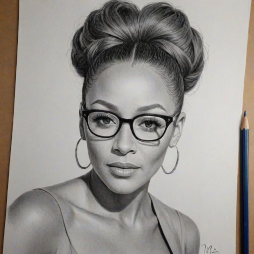 Enchanting Mel B, pencil sketch, portrait of Sublime woman 1957s in glasses, hair style beatnik, outline, clear lines, fine lines, 8k