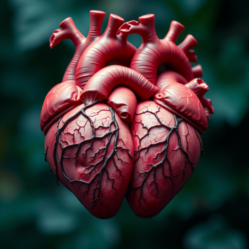 Create a hyper-realistic illustration of two intertwined hearts resembling anatomical drawings, with intricate details of veins and leaves, viewed from a forward angle, using a DSLR camera at f/1.8 aperture, ISO 100, and 50mm lens to enhance depth of field and clarity.