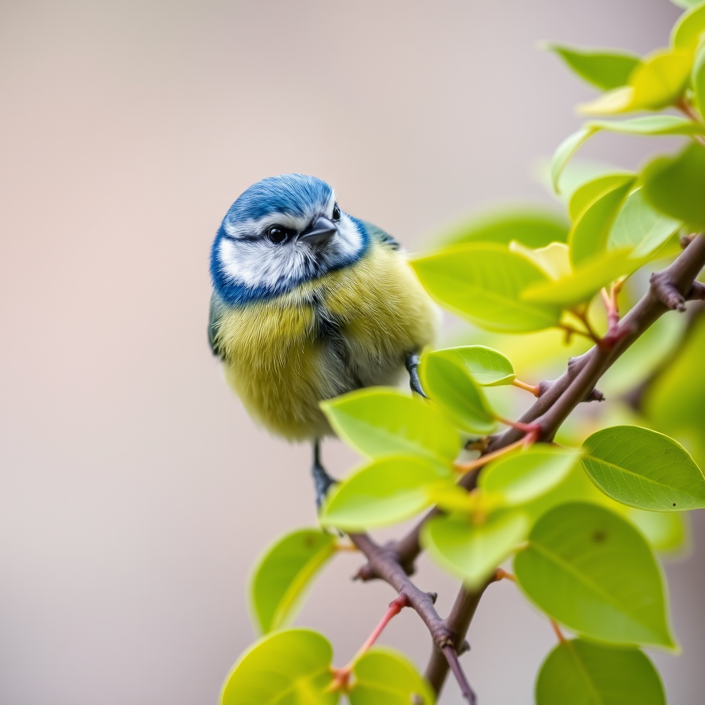 Capture a close-up shot of a blue tit perched on a branch surrounded by green leaves, using a DSLR camera with a 100mm macro lens, aperture f/2.8, ISO 100, shutter speed 1/200s, natural lighting, and a shallow depth of field for a blurred background.