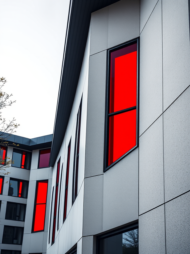 Create a high-contrast architectural photograph of a modern building with prominent red accent windows, taken with a DSLR camera at f/8 aperture, ISO 200, 1/250 sec shutter speed, in natural light, with a wide-angle lens from a low angle perspective to emphasize the structure's geometry.