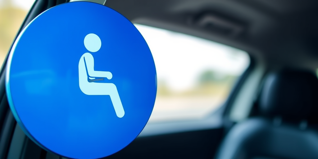 Create an image of a blue circular seatbelt safety sign featuring a seated figure wearing a seatbelt, captured with a DSLR camera, f/4 aperture, ISO 100, 50mm lens, and a shallow depth of field for enhanced focus on the sign.