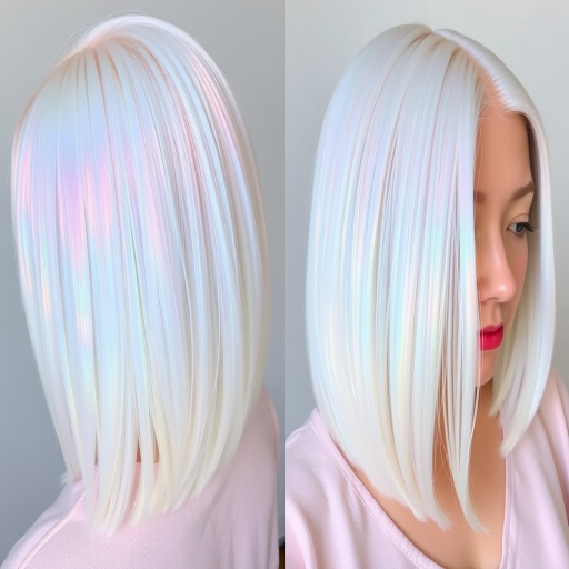 Iridescent Opal Sheen showcases a pearlescent white base with subtle rainbow reflections, styled in a sleek, glass-like bob that appears to change color in different lights
