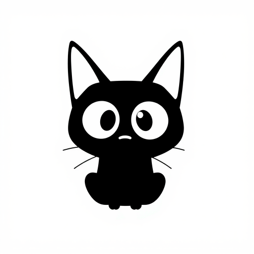 Create a black and white minimalist illustration of a cat. The cat should have large, round eyes and a simplistic, cartoonish style. Its ears should be tall and pointed, and its whiskers should be simple lines extending from its face. The background should be plain white to emphasize the cat's silhouette.