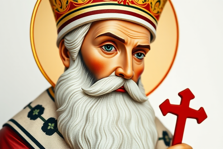 Create a high-resolution image of Saint Nicholas depicted in traditional iconography style, using a DSLR camera with a 50mm lens, aperture at f/2.8, ISO 100, natural lighting, and a clean white background for enhanced clarity and detail.
