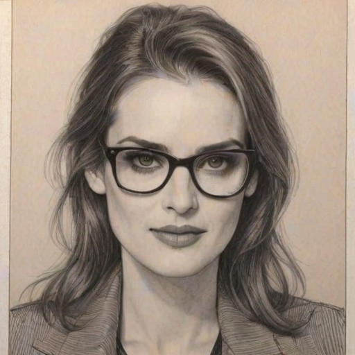 Beauteous Winona Ryder, pencil sketch, portrait of Exquisite woman 1979s in glasses, hair style beatnik, outline, clear lines, fine lines, 8k