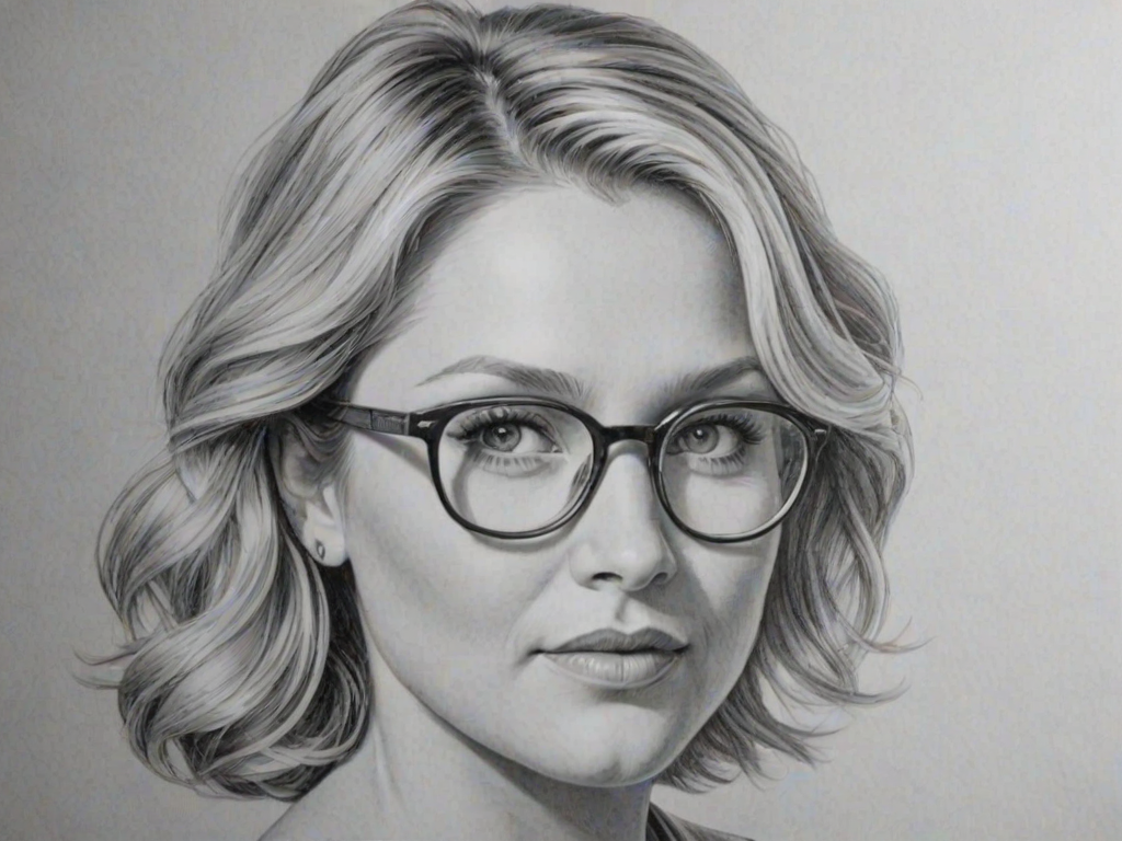 Exquisite Jessica Capshaw, pencil sketch, portrait of Attractive woman 1954s in glasses, hair style beatnik, outline, clear lines, fine lines, 8k