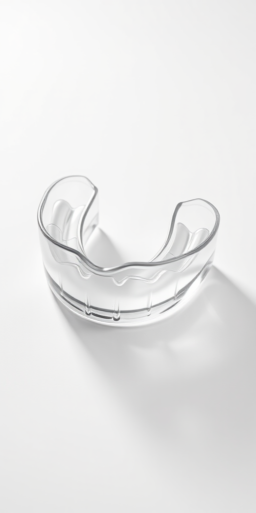 Create a high-resolution image of a transparent dental mouthguard displayed on a clean white background using a DSLR camera, 50mm lens, f/2.8 aperture, 1/200s shutter speed, and ISO 100, with soft lighting to enhance clarity and detail.