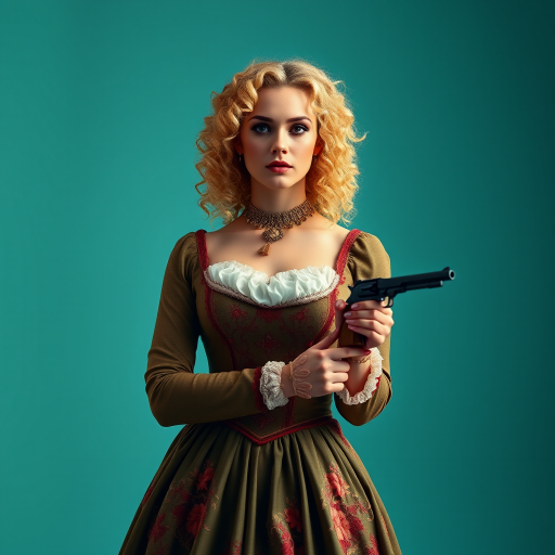 A woman in a lavish historical dress with curly blonde hair holding pistols, standing against a soft teal background, shot with a Canon EOS R5 at 50mm f/1.8, ISO 100, 1/200s, with soft lighting to enhance details and vibrant colors.