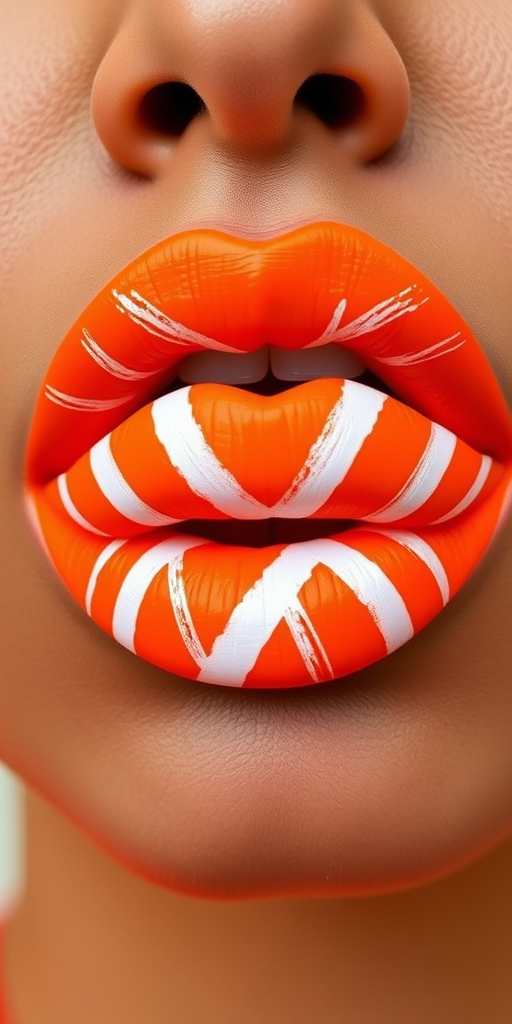 Neon orange lips with abstract geometric patterns in white, dubbed "Citrus Surge," create a bold and energetic look with a semi-matte finish for summer street style