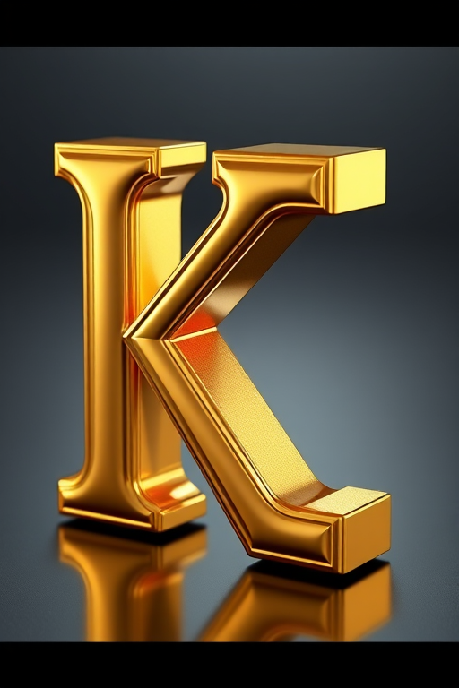 Create a 3D rendering of a gold letter K with a glossy finish and intricate details, using a Canon EOS R5 camera at f/2.8 aperture, ISO 100, 50mm lens, in a soft light studio setting, focusing on the reflections and texture of the surface to enhance image quality.