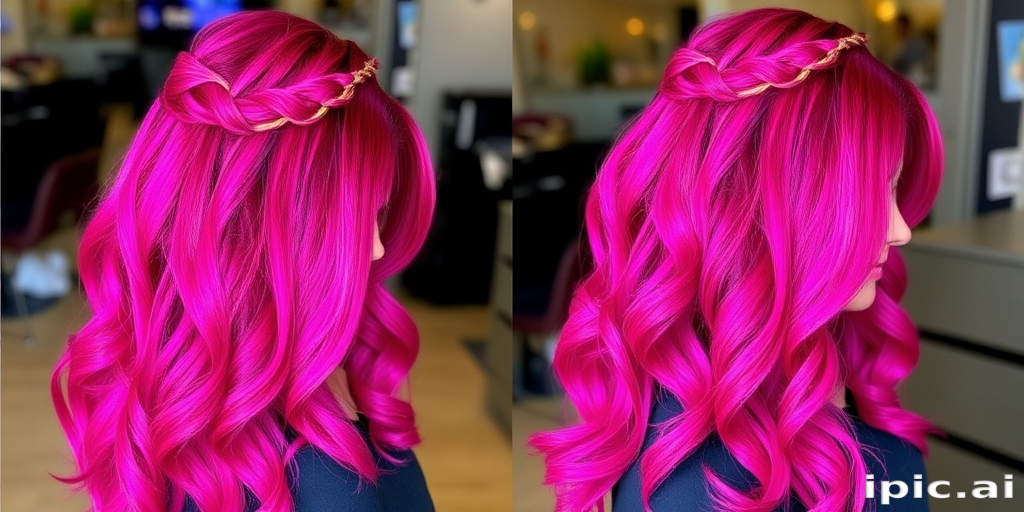 Vibrant magenta ombre hair cascading in long, silky waves, styled by "Neon Nights" salon, featuring a subtle undercut and luminous streaks that shimmer under different lighting, with intricate braided details adorning the crown and a soft side-swept fringe framing the face elegantly.