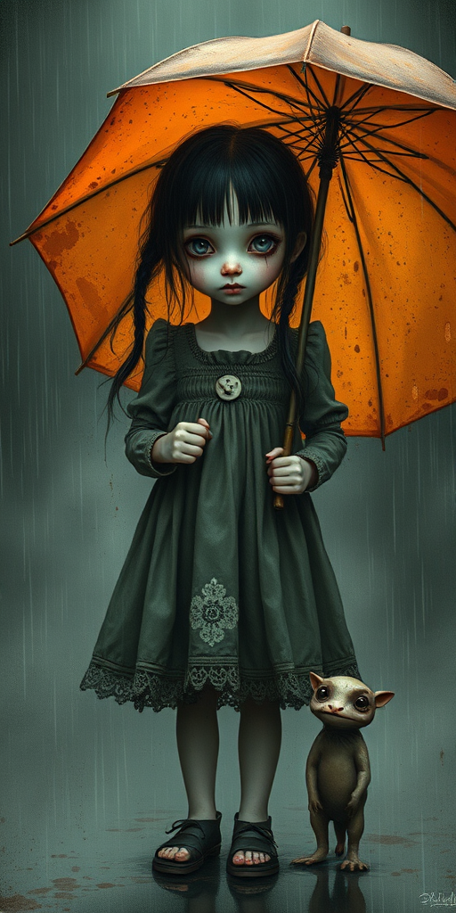 An eerie, weird little girl with dark hair in thin pigtails, wearing a smock dress, standing in the rain, holding a dirty orange umbrella, a small, odd creature beside her. In a surreal style inspired by Nicoletta Ceccoli and Brian Froud. Dark fantasy themes