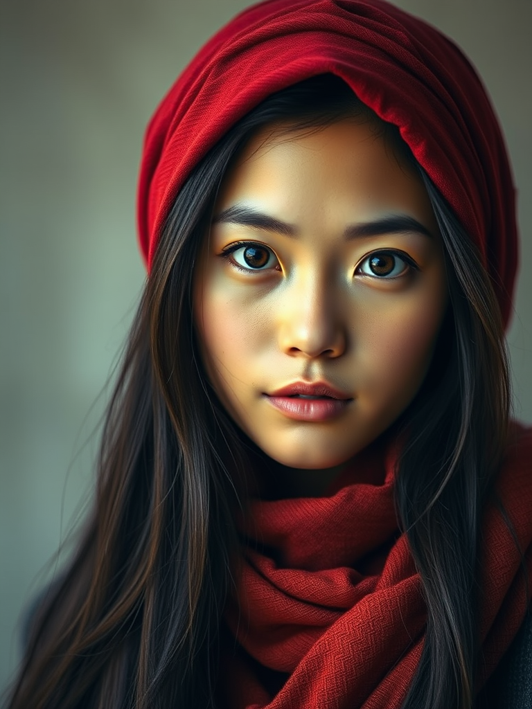 Create a portrait of a young Korean woman with long, dark hair and captivating hazel eyes. She is wearing a red headscarf and a matching scarf draped gracefully around her neck. The background is softly blurred, focusing attention on her serene and natural expression. The overall color palette is muted and warm, enhancing the intimate and authentic feel of the portrait.