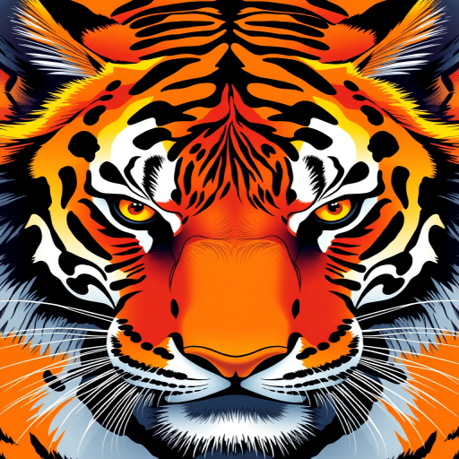 Create a high-resolution digital illustration of a tiger's face, with vibrant colors and bold lines, using a macro lens with an aperture of f/2.8, ISO 100, shot from a frontal view, in a vector art style.